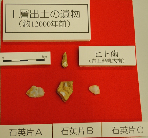 図２発見された人骨(上段）と石英片（下段）