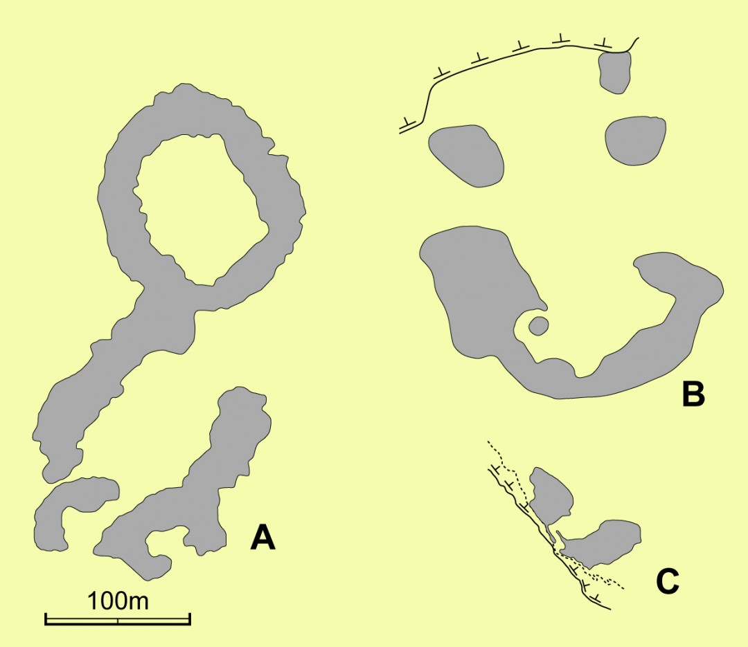 図２ 貝塚の規模の比較（Ａ加曾利貝塚、Ｂ曽谷貝塚、Ｃ伊波貝塚）