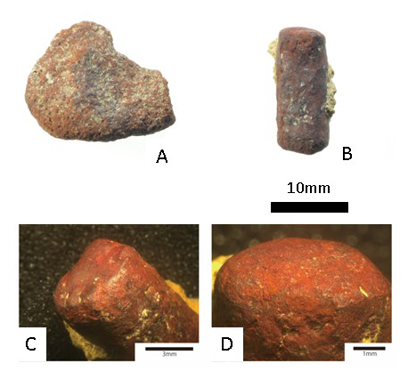 図6 サキタリ洞遺跡から出土した顔料素材（顔料原材）（A）（2万2300年前）と顔料塊（B）（1万6000～1万3000年前）